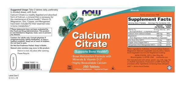 Now Foods Calcium Citrate With Magnesium, Zinc &amp; Manganese 250 Tablet