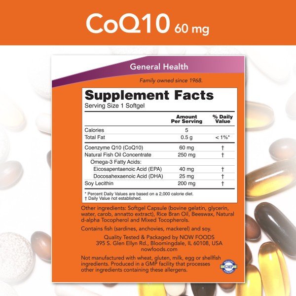Now Foods CoQ10 60 mg W/Omega 3 Fish Oils 60 Softgel