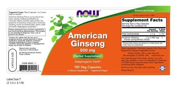 Now Foods American Ginseng 500mg 5% Ginsenosides 100 Capsule