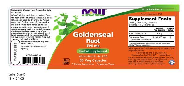 Now Foods Goldenseal Root 500mg US Wildcrafted 50 Capsule