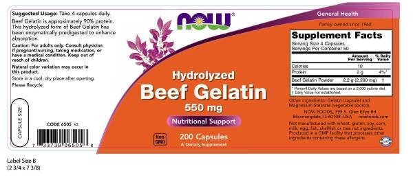 Now Foods Beef Gelatin 550mg Hydrolyzed 200 Capsule