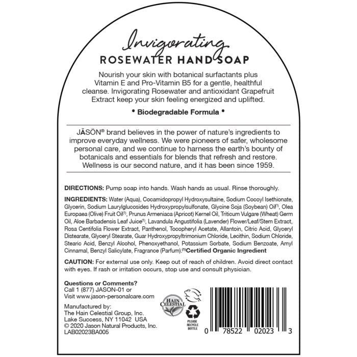 Jason Natural Cosmetics Invigorating Rosewater Hand Soap 16 oz Liquid