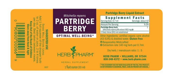 Herb Pharm Partridge Berry (Squaw Vine) Extract 1 oz Liquid