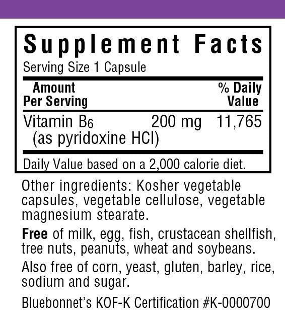 Bluebonnet Vitamin B-6 200mg 90 VegCaps