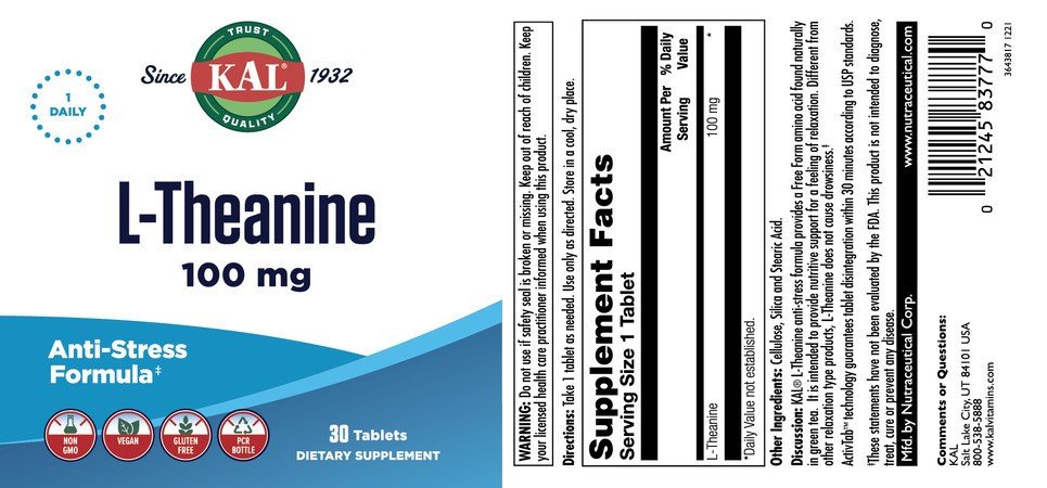 Kal L-Theanine 100mg 30 Tablet