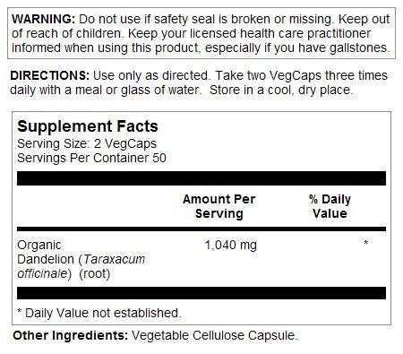 Solaray Dandelion Organic Excipent Free Vegetarian 100 VegCap