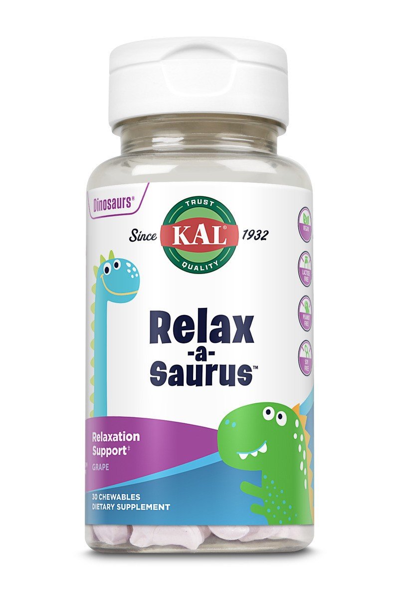 Relax-a-Saurus | Kal | Relaxation Support | Dinosaur Shaped | Grape Flavor | Dietary Supplement | 30 Chewables | VitaminLife