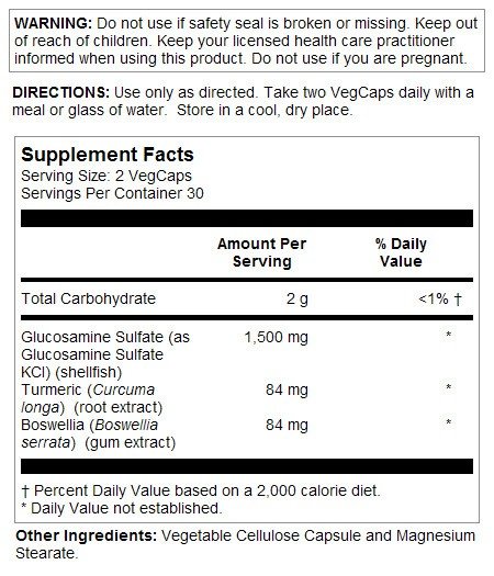 Solaray Glucosamine Sulfate 750mg Sodium Free With Turmeric and Boswellia 60 Capsule