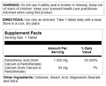 Kal Pantothenic Acid 1000mg Sustained Release 100 Tablet