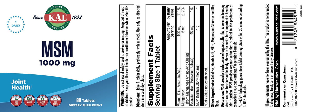 Kal MSM 1000mg 80 Tablet