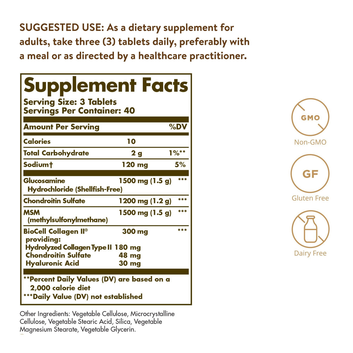 Solgar Glucosamine Hyaluronic Acid Chondroitin MSM (Shellfish-Free) 120 Tablet