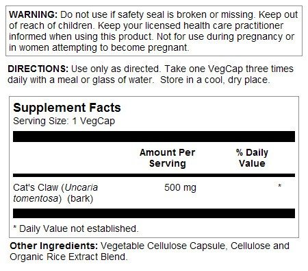 Solaray Cat&#39;s Claw Bark 500mg 100 VegCap