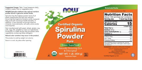 Now Foods Spirulina Powder, Certified Organic 1 lbs Powder