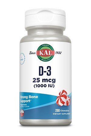 D-3 | Kal | 1000 IU Vitamin D | Strong Bone Support | Peppermint Flavored | 1 Daily | Dietary Supplement | 200 Chewables | VitaminLife