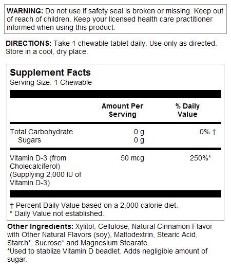 Kal D-3 Sugarless Chewables Cinnamon 50 MCG (2,000 iu) 100 Chewable