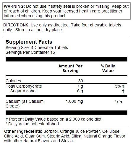 Solaray Calcium Citrate Chewable 1000mg (250mg each) 60 Chewable