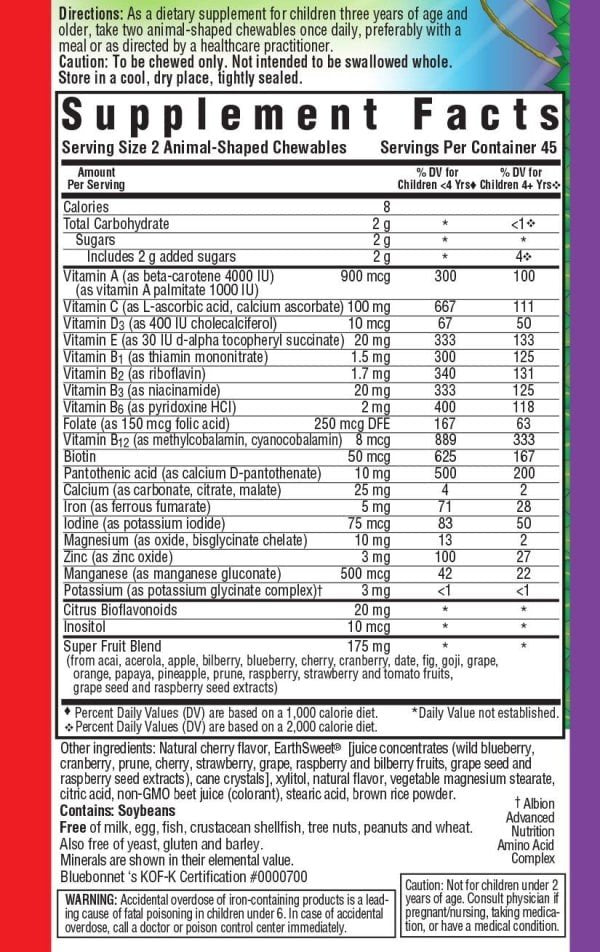 Bluebonnet Super Earth Rainforest Animalz Whole Food Based Multiple For Children Cherry Flavor 90 Chewble Tablets