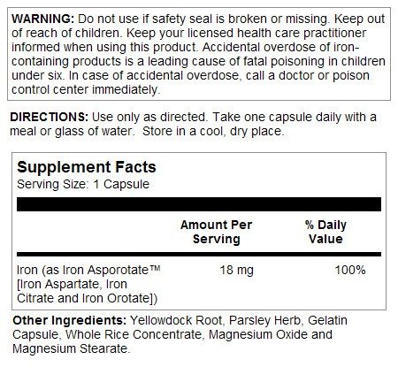 Solaray Iron Asporotate 18mg 100 Capsule