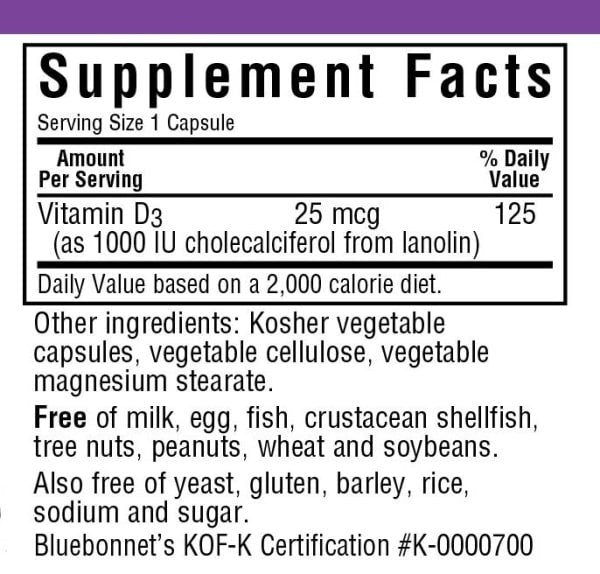 Bluebonnet Vitamin D3 1000 IU (25 mcg) 90 VegCap