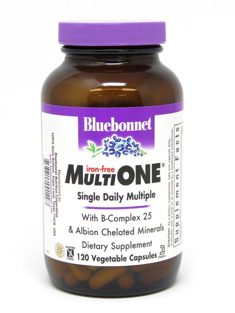 Multi One Iron Free | Bluebonnet | Multi Vitamin | B-Complex 25 | Albion Chelated Minerals | Gluten Free | Dietary Supplement | 120 Vegetable Capsules | VitaminLife