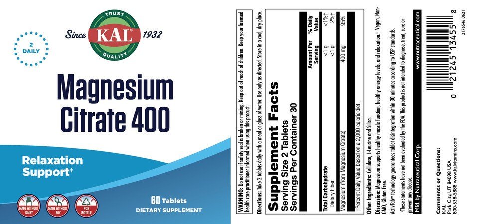 Kal Magnesium Citrate 400mg 60 Tablet