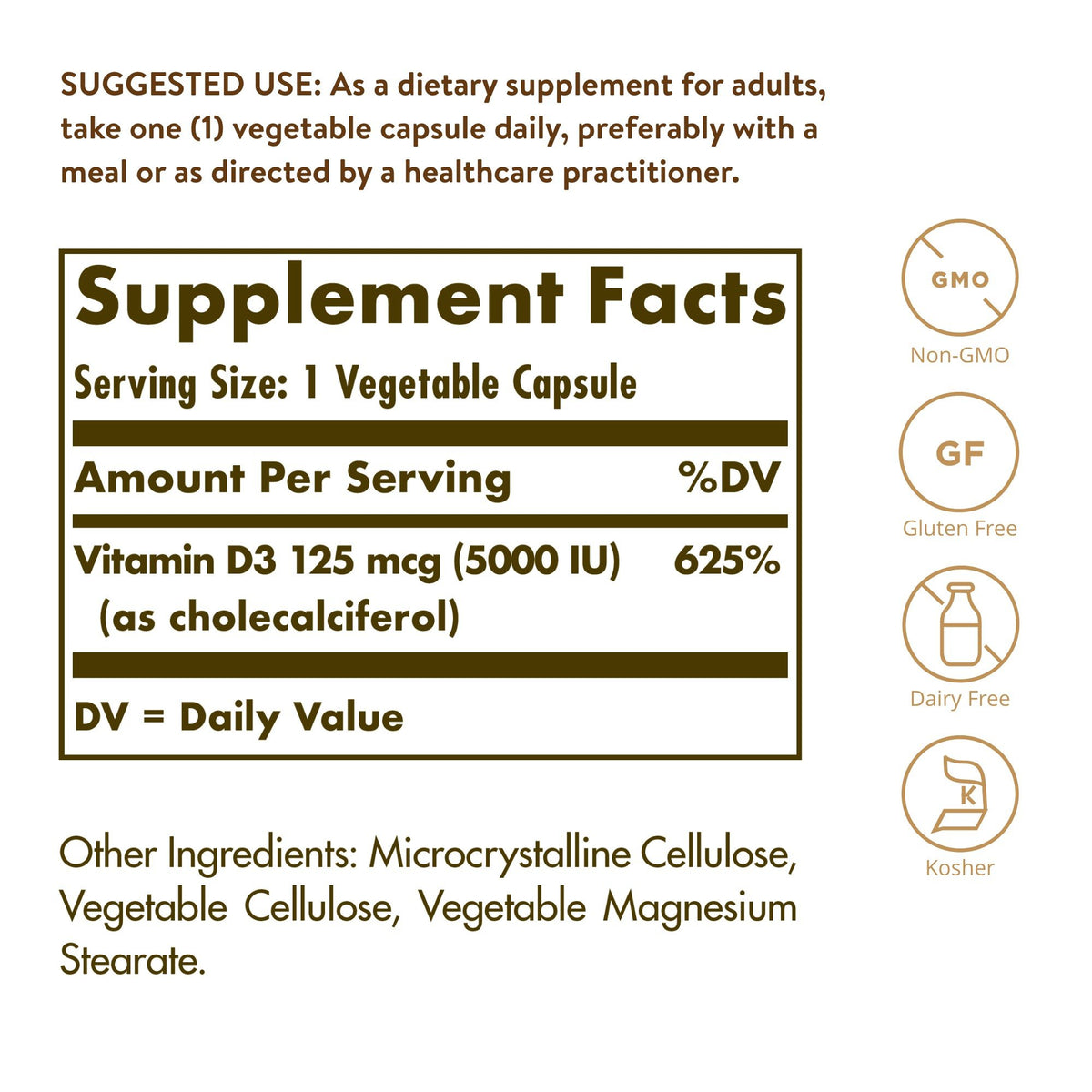 Solgar Vitamin D3 (Cholecalciferol) 125 mcg (5,000 IU) 60 VegCap