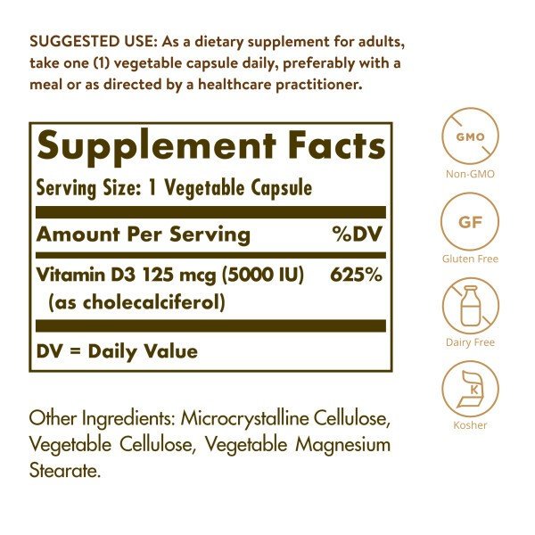 Solgar Vitamin D3 (Cholecalciferol) 125 mcg (5,000 IU) 120 VegCap