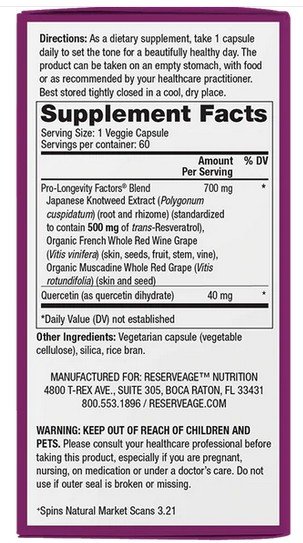 Reserveage Resveratrol 500mg 60 VegCap