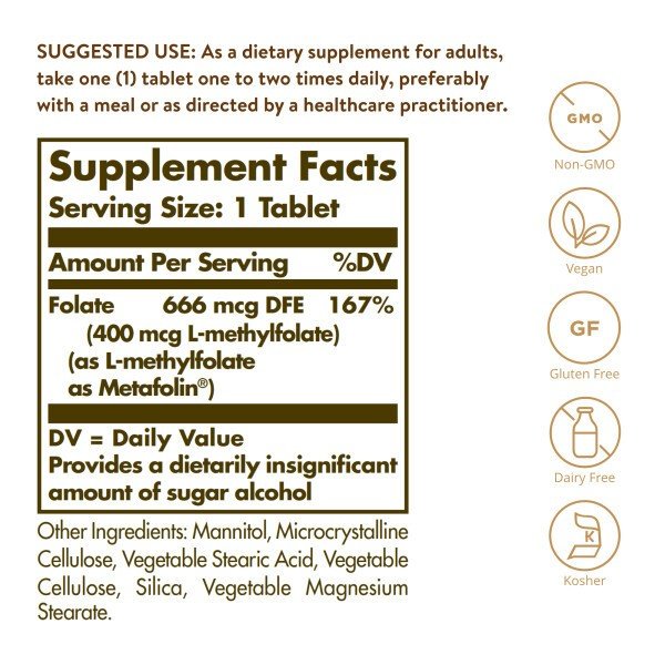 Solgar Folate 666 MCG DFE (Metafolin 400 MCG) 100 Tablet