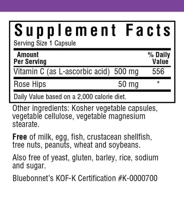 Bluebonnet Vitamin C 500mg Plus Rose Hips 180 VegCap