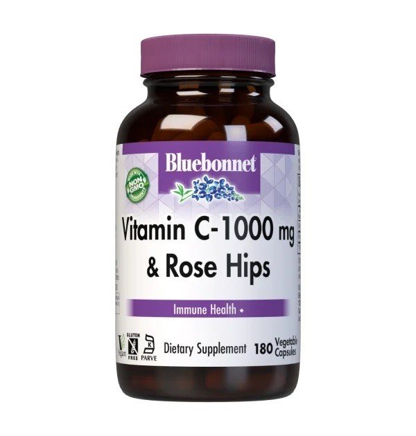 1000 milligram Vitamin C | 100 milligram Rose Hips | Bluebonnet | Vitamin C-Ascorbic Acid | Immune System Support | Gluten Free | Non GMO | Vegan | Dietary Supplement | 180 VegCaps | 180 Vegetable Capsules | VitaminLife