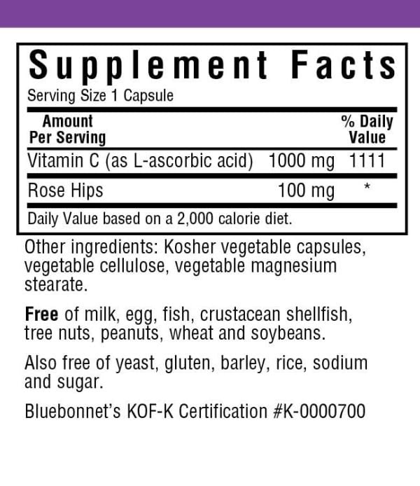 Bluebonnet Vitamin C 1000mg Plus Rose Hips 180 VegCap