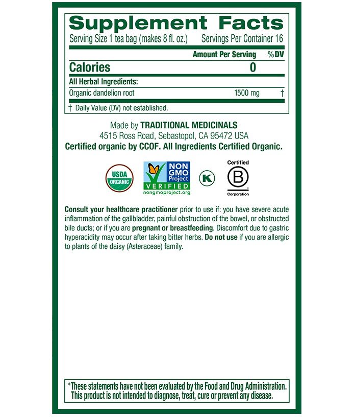 Traditional Medicinals Organic Roasted Dandelion Root Tea 16 Bag