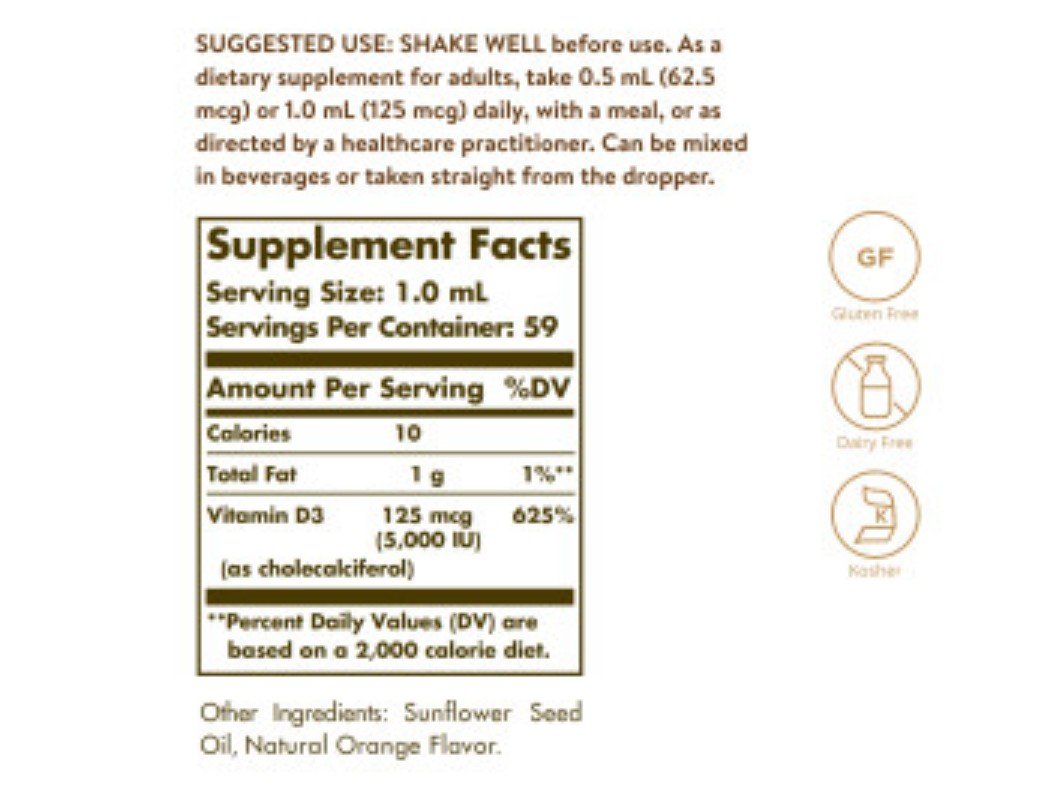 Solgar Liquid Vitamin D3 (Cholecalciferol) 125 mcg (5000IU) Natural Orange Flavor 2oz Liquid