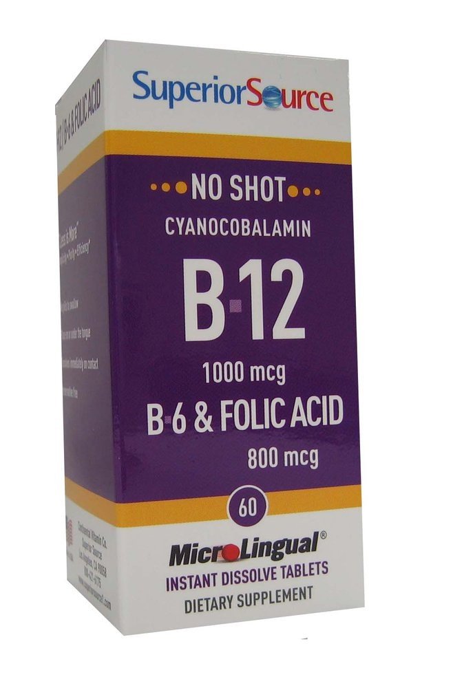 Superior Source B12 1000 mcg (as Cyanocobalamin)/B6 2 mg/Folic Acid 800 mcg 60 Sublingual Tablet