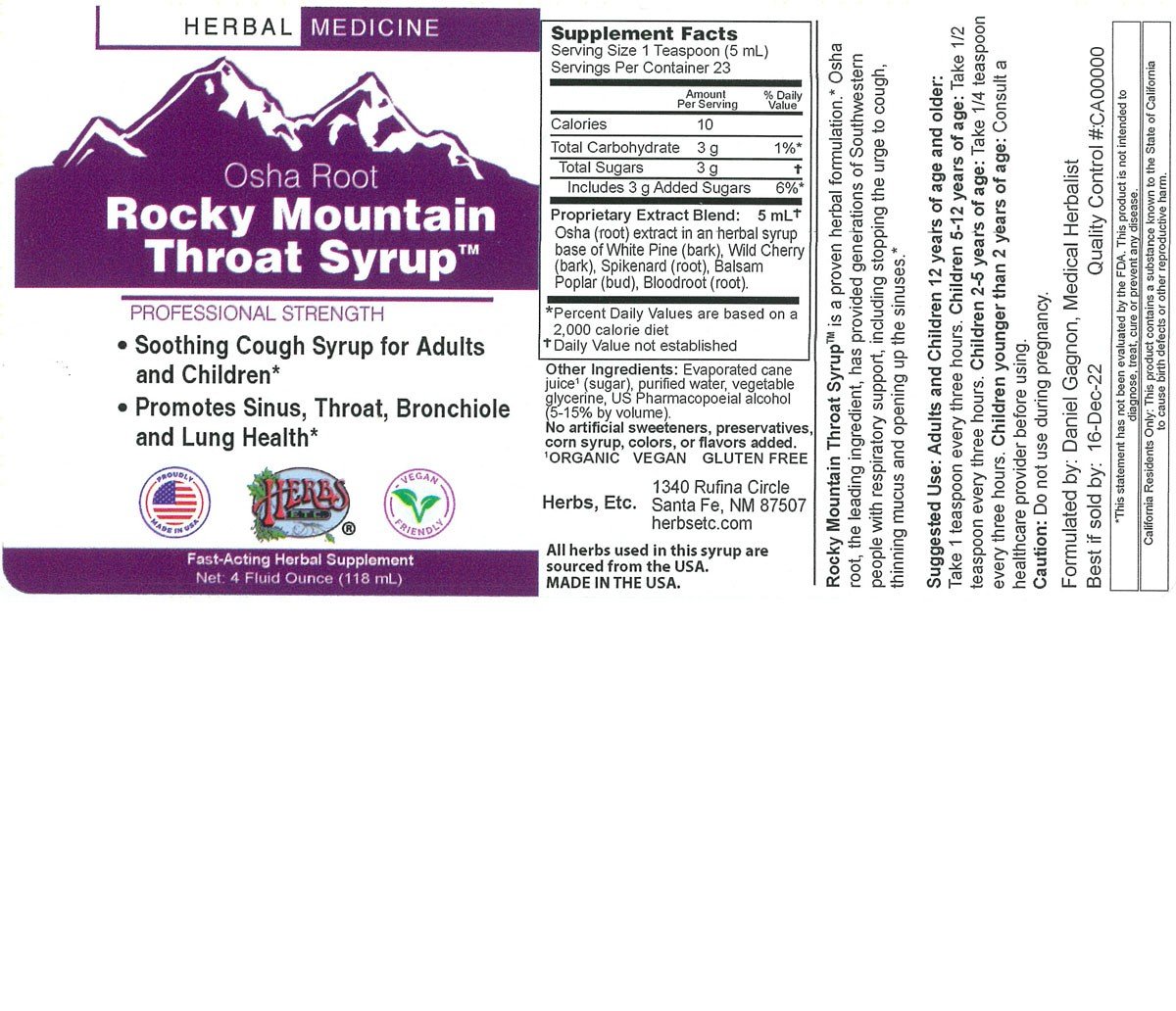 Herbs Etc Rocky Mountain Throat Syrup 4 oz Liquid