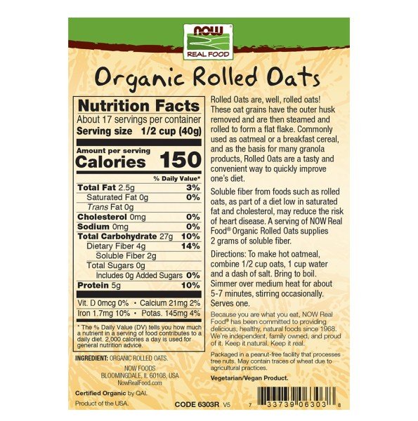 Now Foods Rolled Oats Organic 24 oz Bag