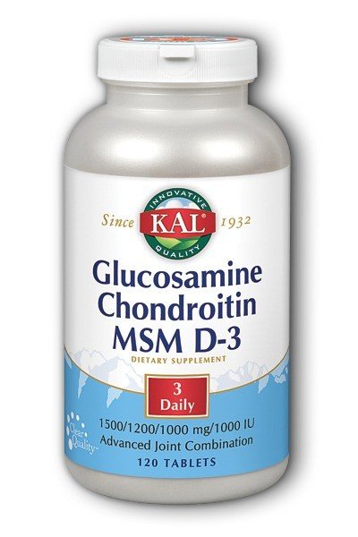 Glucosamine Chondroitin MSM D-3 | Kal | Joint | 1500 IU Glucosamine Sulfate (as KCI, from Shellfish) | 1200 IU Chondroitin Sulfate (from bovine) | 1000 milligrams MSM | 1000 IU Vitamin D-3 as Cholecalciferol | Dietary Supplement | 120 Tablets | VitaminLife