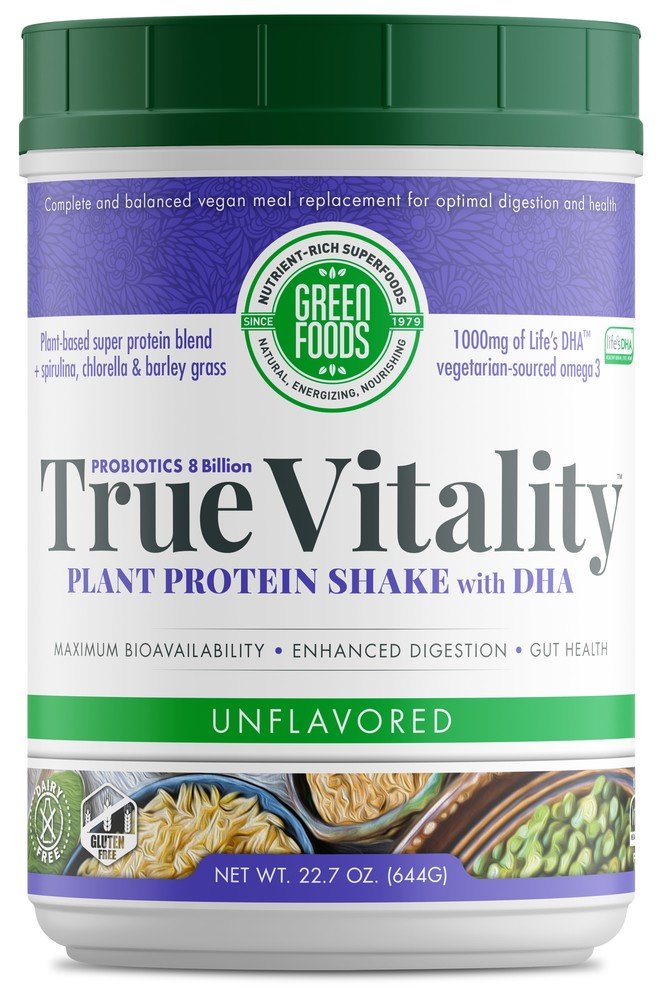 Green Foods True Vitality Plant Protein Shake with DHA-Unflavored 22.7 oz Powder