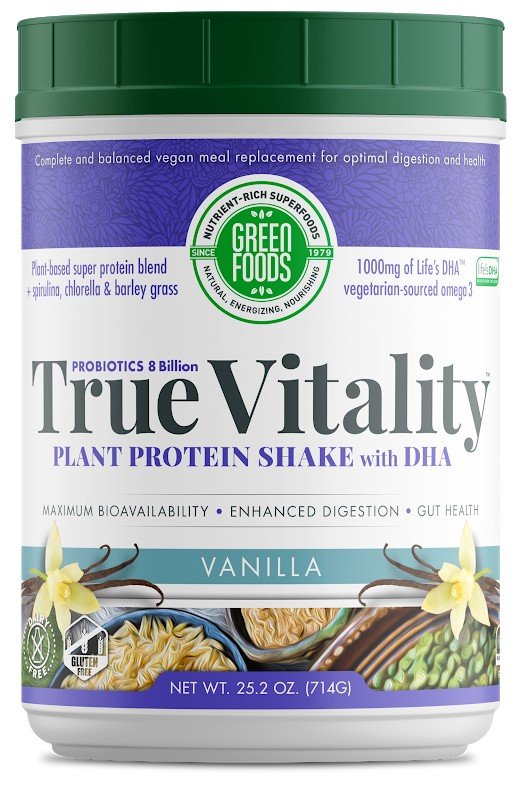 Green Foods True Vitality Plant Protein Shake with DHA-Vanilla 25.2 oz Powder