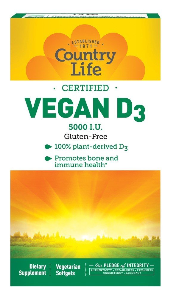 Vegan D3 | Country Life | 5000 I.U. | Gluten Free | 100% Plant-derived Vitamin D3 | Bone Health | Immune Health | Dietary Supplement | 60 Softgels | VitaminLife