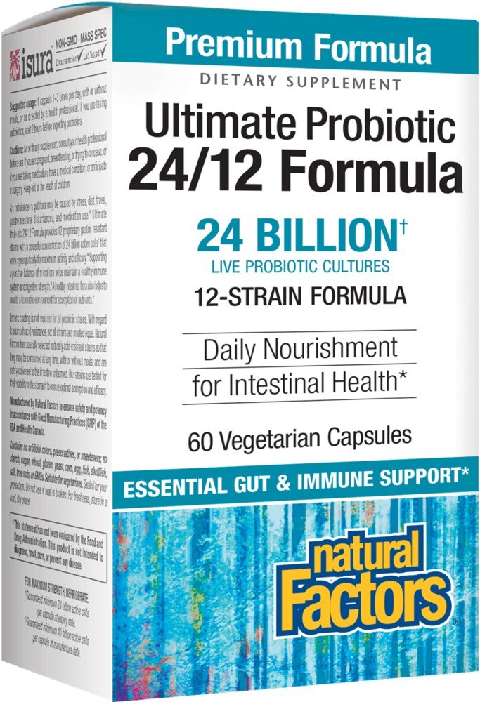 Ultimate Probiotic 24/12 Formula | 24 Billion Live Probiotic Cultures | Natural Factors | 12-Strains | Intestinal Health | Gut | Immune Support | 60 Capsules | VitaminLife