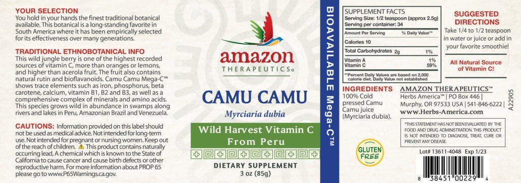 Amazon Therapeutic Laboratories Camu-Camu Mega C Powder Wild Crafted 3 oz Powder