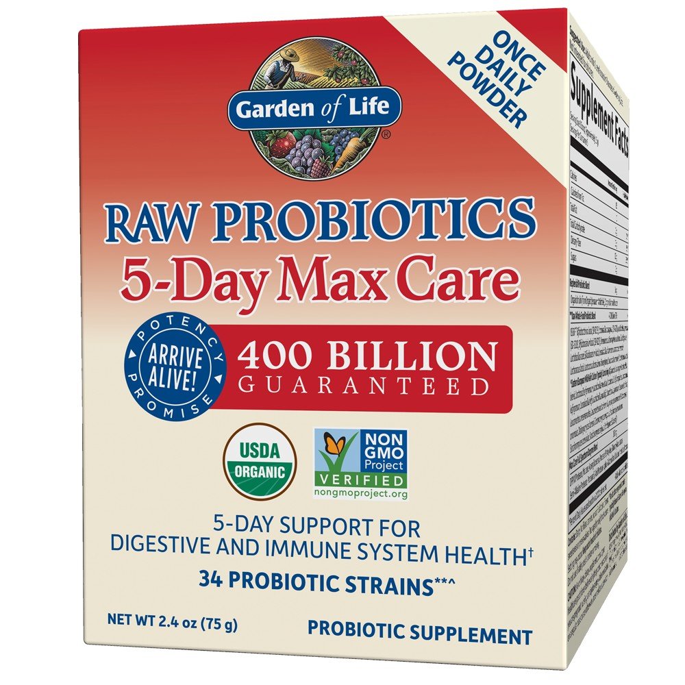 Raw Probiotics 5-Day Max Care | Garden of Life | 5-Day Support For Digestive Health | 5 Day Support for Immune System Health | 34 Probiotics Strains | 400 Billion CFU | USDA Organic | Non GMO | Probiotic Supplement | 2.4 ounce Powder | VitaminLife