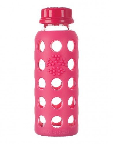 Lifefactory Glass Bottle with Flat Cap and Silicone Sleeve Raspberry 9 oz Bottle
