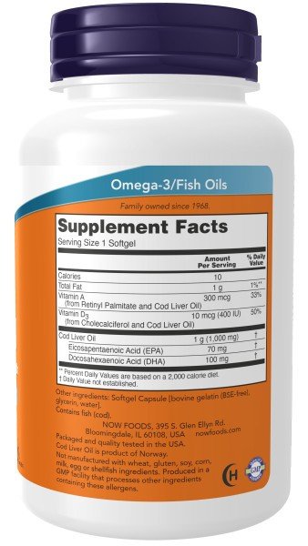 Now Foods Cod Liver Oil 1000 mg Extra Strength 180 Softgel