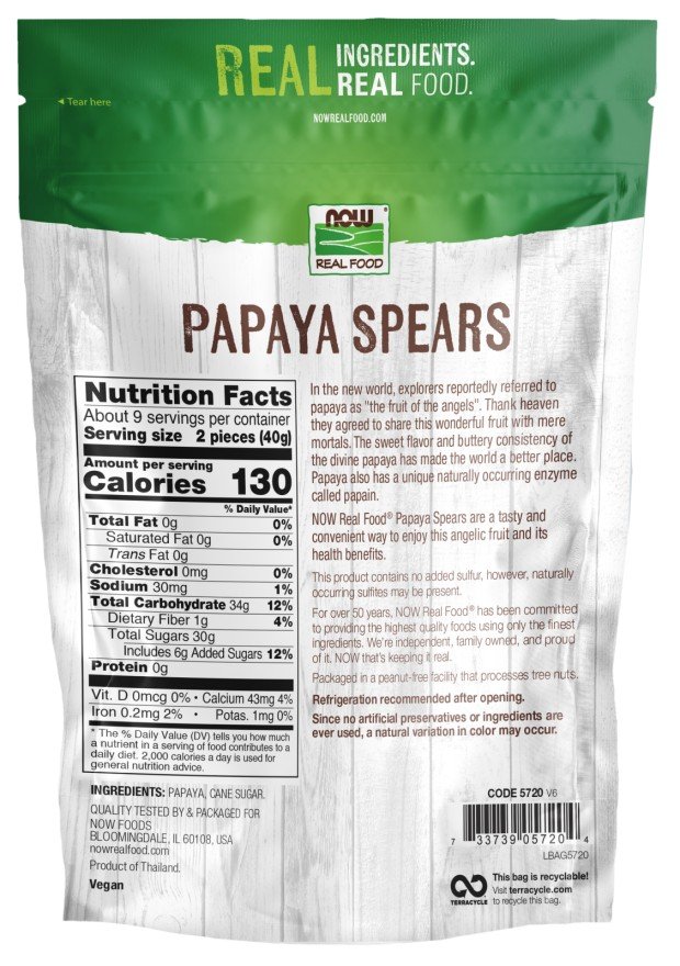 Now Foods Papaya Spears No Sulfur 12 oz Bag