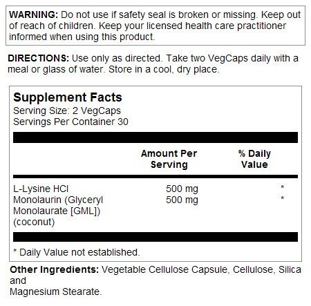 Solaray L-Lysine Monolaurin 1:1 Ratio 60 VegCap