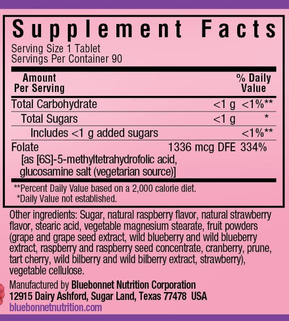 Bluebonnet Earth Sweet Chewables Methylfolate Raspberry 800 mcg 90 Chewable