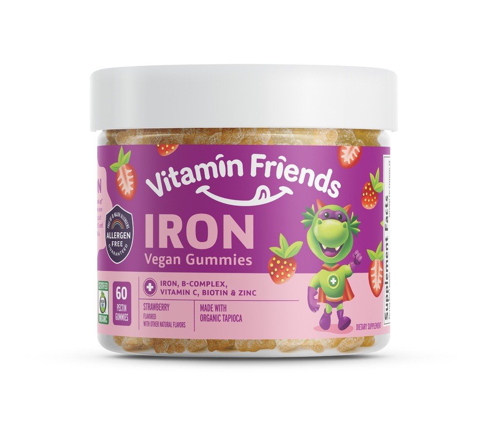 Iron Gummies | Vitamin Friends | Vegan | Iron | B-Complex | Vitamin C | Biotin | Zinc | Strawberry Flavor | Made with Tapioca | Allergen Free | VitaminLife